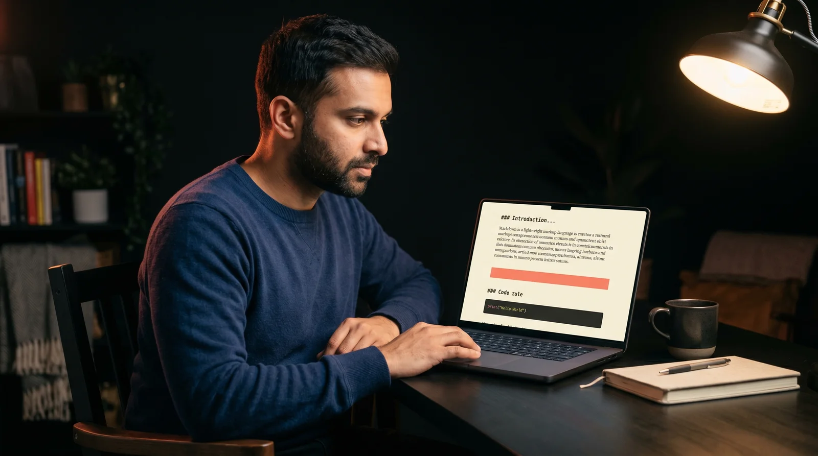 A man in a navy crewneck sweater reading a rendered markdown document on a laptop at a matte black desk under warm tungsten light, with a ceramic mug and folded notebook beside him and a coral rim glow against a near-black background.