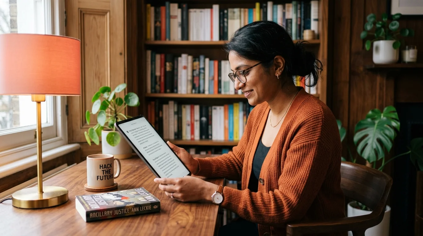 A 30s South Asian woman software engineer reading a long Google AI Studio Gemini conversation as a typeset document on a tablet in a warm walnut home office with coral accent lighting