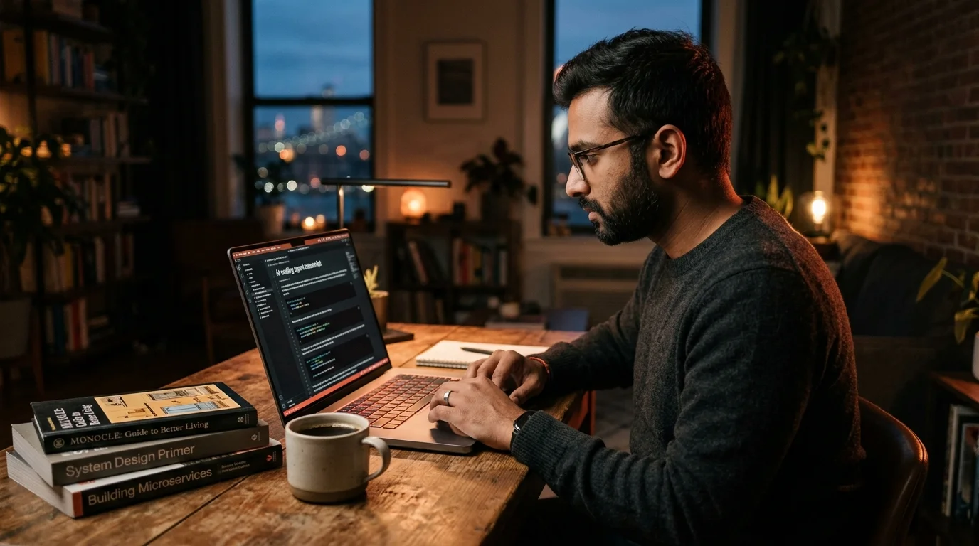 A South Asian software engineer at a warm-lit wooden desk in a modern Brooklyn apartment at dusk, reading a long AI coding agent transcript rendered as an elegant document on a 14-inch laptop, coral accent lighting against deep charcoal background.