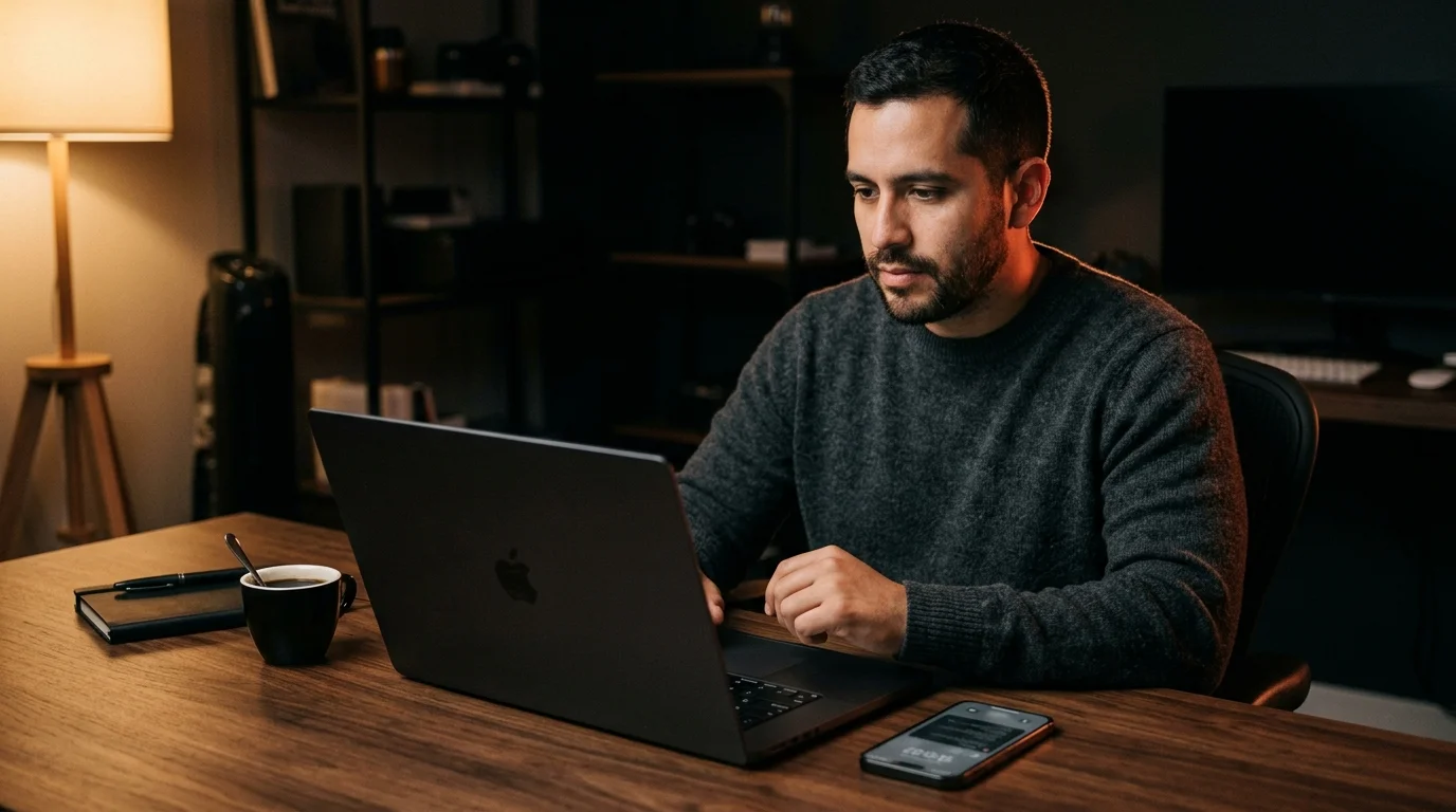 A 30s Latino man in a charcoal merino crewneck sweater at a dark walnut desk reading a long rendered markdown document on a 16 inch matte-black laptop, the screen showing a single editorial column with H2 section headings, inline coral underlined citation links, and a syntax-highlighted code block visible mid-page, a closed iPhone showing a dimmed X timeline panel face down beside the laptop, a small ceramic mug of black coffee and a folded notebook on the desk, lit by warm tungsten side light and a soft coral rim glow against a near-black background.