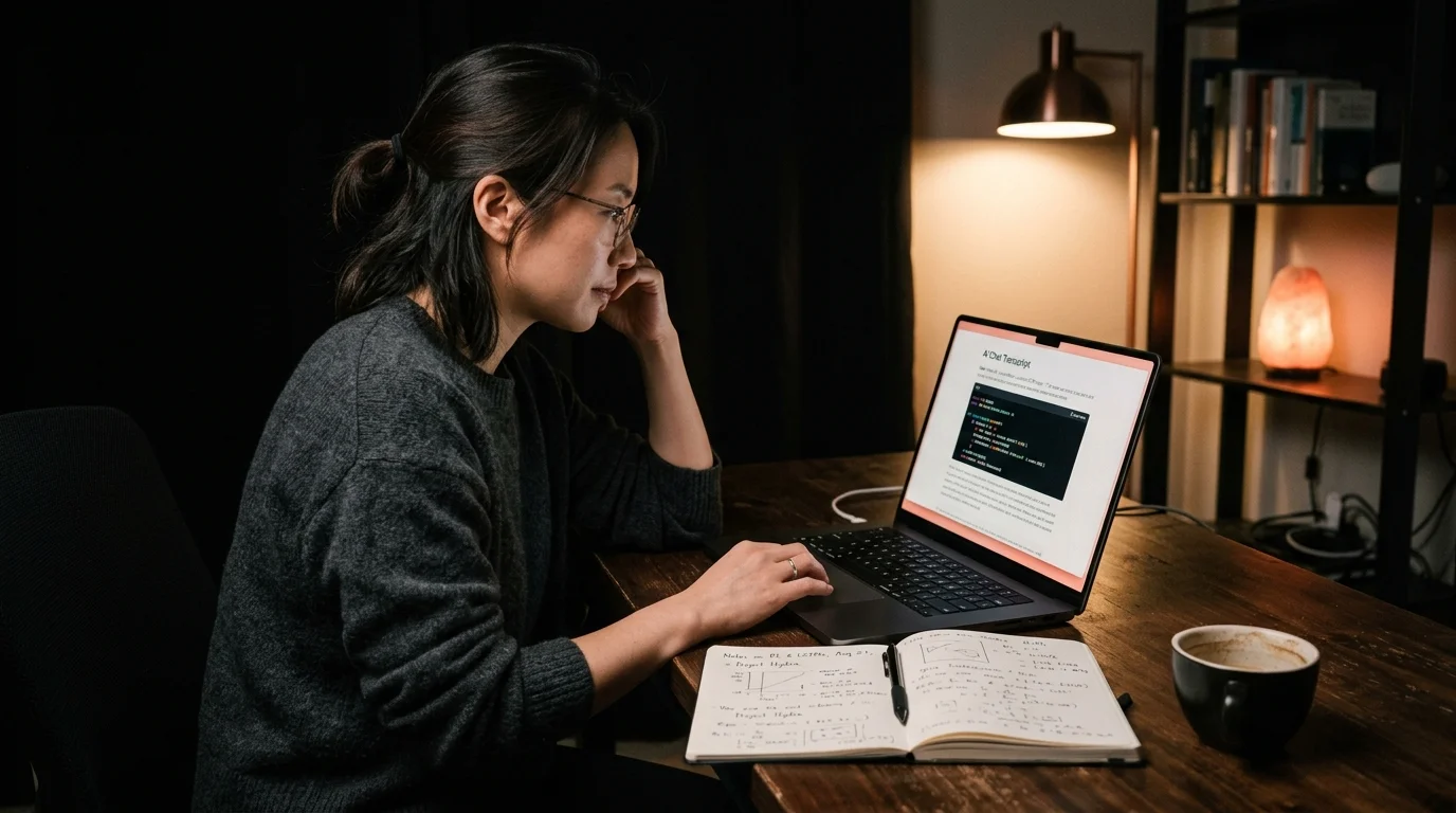 An East Asian woman software engineer at a dark wooden desk late evening, reading a long AI chat transcript on a 14 inch laptop with warm coral accent light reflecting off the matte screen, a paper notebook with handwritten notes beside the laptop and a ceramic coffee cup, shot editorial style with shallow depth of field.