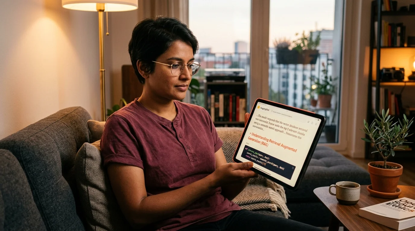 A 30s South Asian open-source developer with short black hair and thin wire-frame glasses, wearing a faded burgundy henley, sitting on a low charcoal linen sofa in a dim modern Berlin apartment at dusk, holding a matte black tablet in landscape orientation that displays a long HuggingChat conversation rendered as clean editorial markdown with warm cream serif body text on near black background, coral H2 heading, and a monospaced code block with subtle syntax highlighting, a small potted olive plant and a ceramic mug of black tea on the low walnut side table beside her, warm tungsten side light from a brass floor lamp casting a soft coral rim glow along the tablet bezel, editorial magazine style.