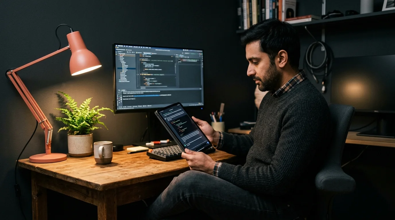 A South Asian developer in a warm Scandinavian home office reading a long AI coding conversation on a tablet, with IntelliJ IDEA faintly visible on a secondary monitor and a coral desk lamp casting soft light.