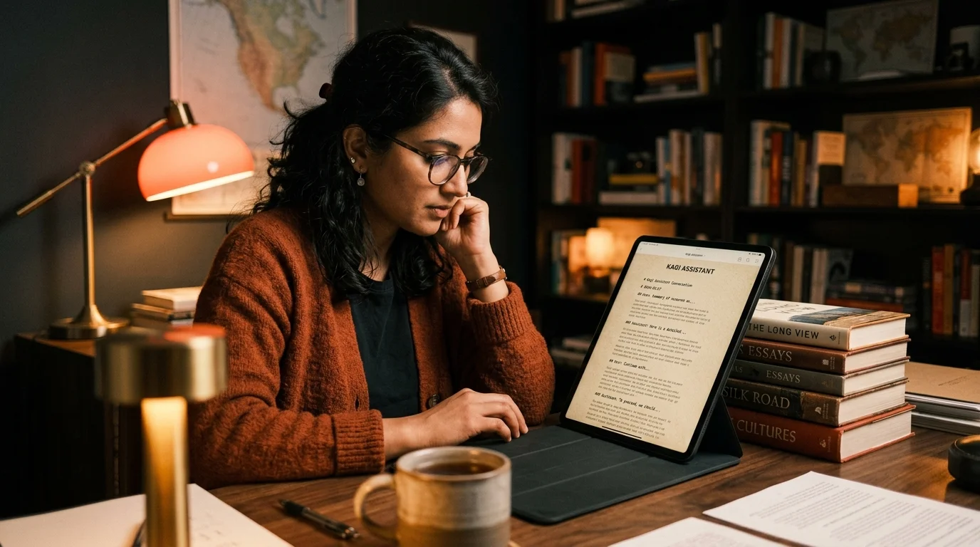 A South Asian woman in a rust cardigan reads a Kagi Assistant markdown export on a matte tablet in a dim study, warm coral lamp glow across the screen.