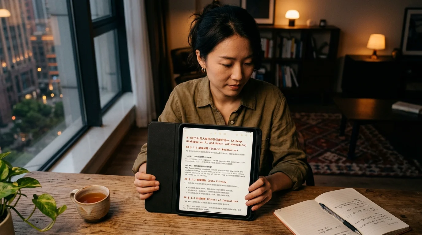 An East Asian woman engineer reading a long Kimi AI conversation on a matte black tablet at a warm-lit wooden desk in a Shanghai apartment at dusk, warm coral accents on the tablet screen.