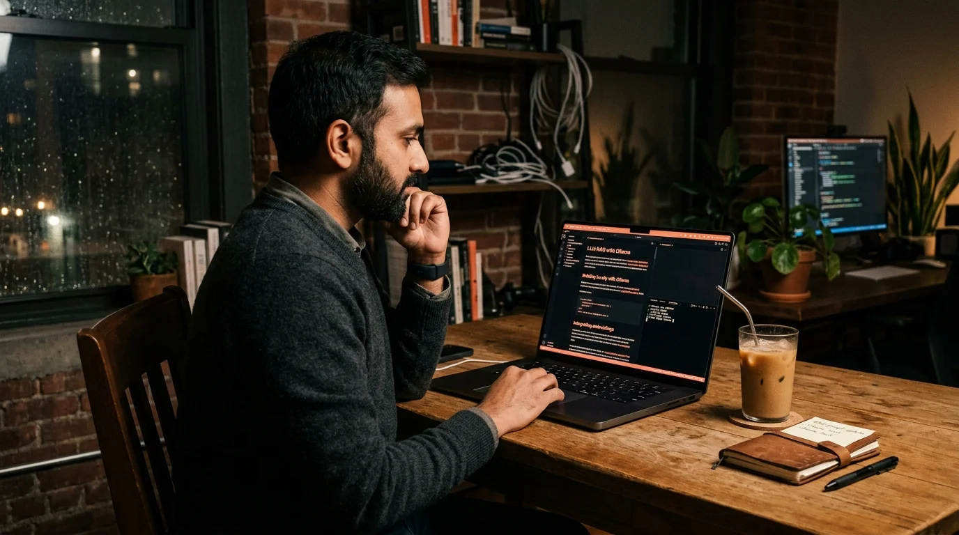 A South Asian software engineer reading a rendered markdown document with warm coral highlights on a dark laptop screen in a dim Brooklyn loft at night, with an Ollama terminal window visible in the background.