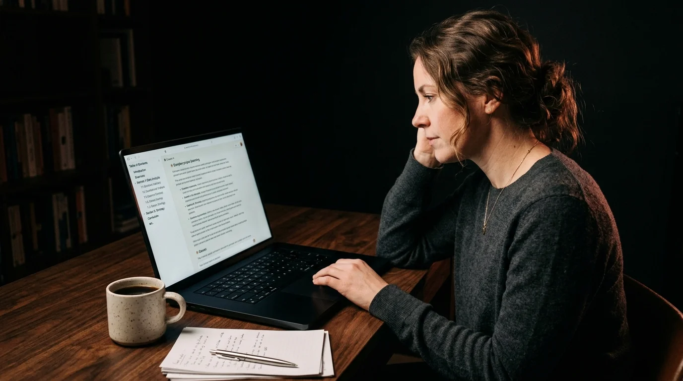 A 30s white woman in a charcoal merino sweater at a dark walnut desk reading a long rendered markdown Claude conversation on a 16 inch matte-black laptop, with a sticky table of contents sidebar visible on the screen listing nested sections, a small stack of printed pages and a ceramic mug of black coffee beside her, lit by warm tungsten side light and a soft coral rim glow against a near-black background.