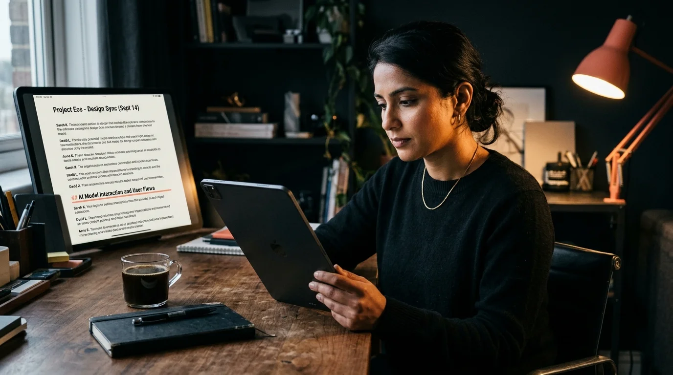 A South Asian woman software product designer reading a long AI project chat transcript on a matte-black tablet at a walnut desk, lit by a warm coral desk lamp in a dim studio apartment, styled like a Monocle magazine editorial feature.