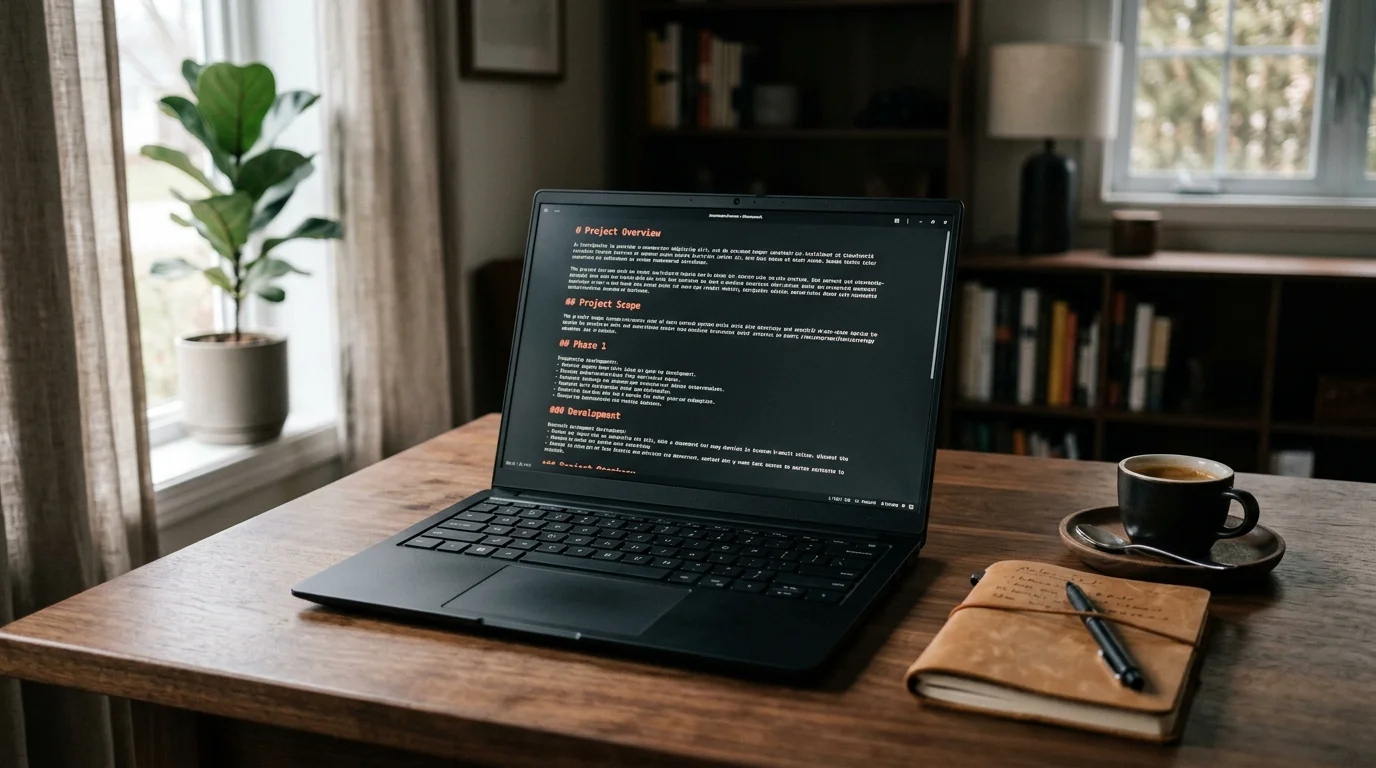 A matte-black laptop on a walnut desk showing a long markdown document with warm coral accent highlights, leather notebook and espresso cup beside it, soft window light, editorial photography style
