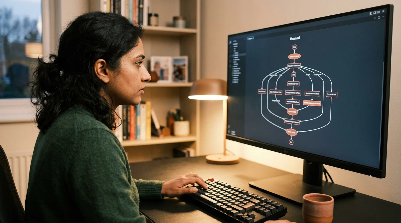 A South Asian software architect at a matte black desk studying a large monitor showing a crisp Mermaid flowchart with warm coral accent nodes on a deep charcoal background, single warm desk lamp lighting the scene in editorial photography style
