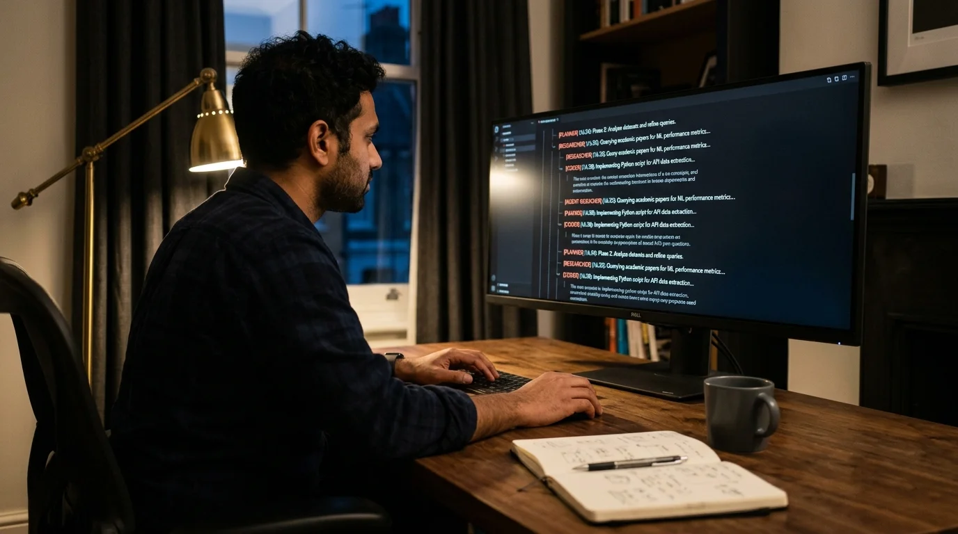 A South Asian software engineer at a walnut desk in a dim home office, reading a multi-agent transcript on a large matte display with warm coral accent labels on a near-black background, shot on a Leica Q3 in moody Vanity Fair editorial style.