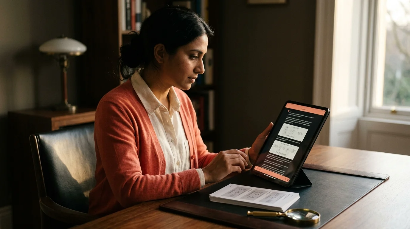 A 30s South Asian woman in a coral cotton cardigan reading a long multimodal AI conversation on a tablet at a walnut writing desk, inline screenshots and diagrams stacked between paragraphs on the warm coral on dark screen, a brass magnifying glass and stack of printed screenshots beside her under soft golden hour window light, editorial Monocle magazine style.