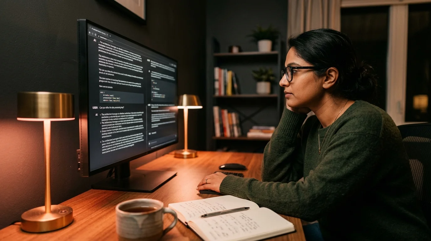 A South Asian software engineer at a dim wooden desk at night reading a long AI chat transcript on a large matte display with warm coral accent light