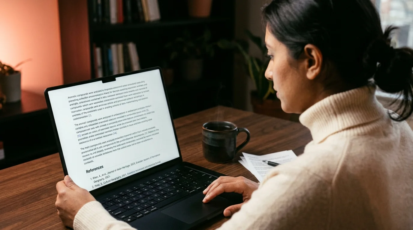 A 30s South Asian woman in a cream cashmere turtleneck reading a rendered markdown research document with numbered citations on a matte-black laptop at a dark walnut desk, with folded printouts and a ceramic mug of black tea beside her, lit by warm tungsten side light and a coral rim glow against a near-black background.