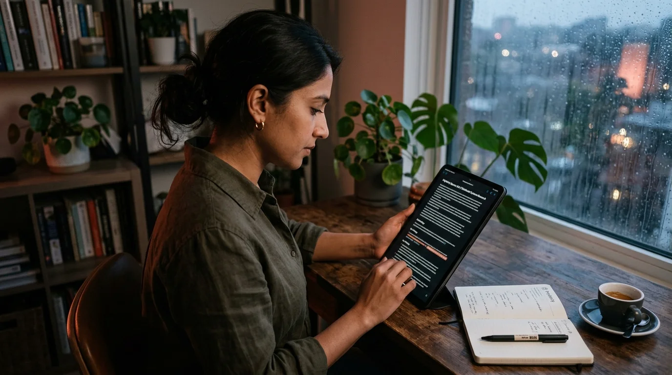 A South Asian woman researcher reading a long Perplexity Spaces research thread rendered as a clean single-column markdown document on a matte black iPad Pro, warm coral accent underline on a citation, notebook and espresso cup on a home office desk near a rain-streaked window at dusk.