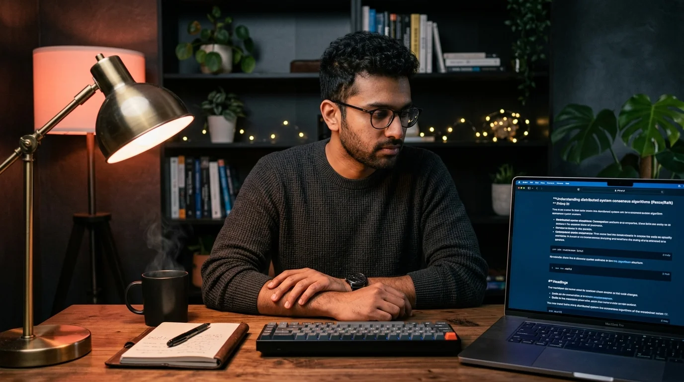 A South Asian developer at a walnut desk reading a long Phind AI search answer rendered as a clean markdown document, warm coral lamp light on the left and cool blue monitor glow on the right, matte black coffee mug and leather notebook beside a mechanical keyboard.