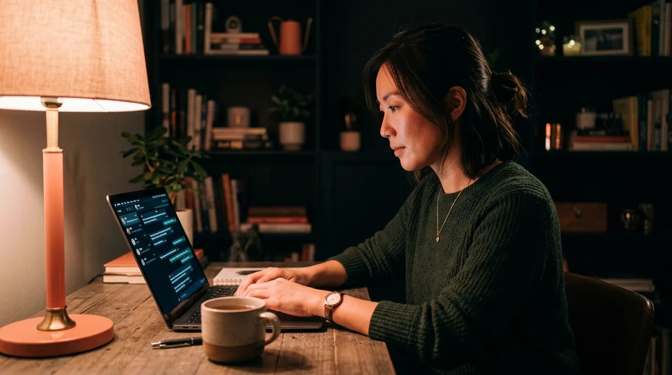A 30s East Asian woman reading a long Pi chat transcript on a laptop in a dark home office, lit by a warm coral desk lamp, cup of tea beside the keyboard, moody editorial still-life.