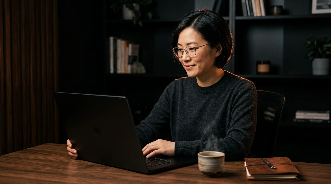 A 30s East Asian woman developer with short black hair in a charcoal merino crewneck sweater at a dark walnut desk reading a long rendered markdown Qwen conversation on a 16 inch matte-black laptop, the screen showing a clean single-column editorial layout with H2 section headings in warm cream serif type, a fenced Python code block with syntax highlighting, an inline KaTeX equation rendered cleanly, and warm coral underlined inline links, a small ceramic cup of jasmine tea and a folded leather notebook on the desk, lit by warm tungsten side light and a soft coral rim glow against a near-black background.