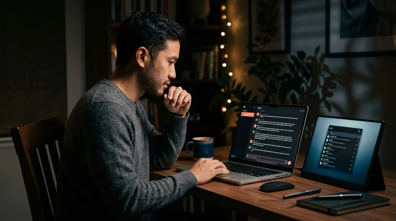 A Southeast Asian man in a charcoal knit sweater reads a long Raycast AI chat transcript on a matte 14-inch laptop screen at a dim walnut desk at night, with warm coral highlights in the reader UI and a smaller command-bar launcher window on a second display.