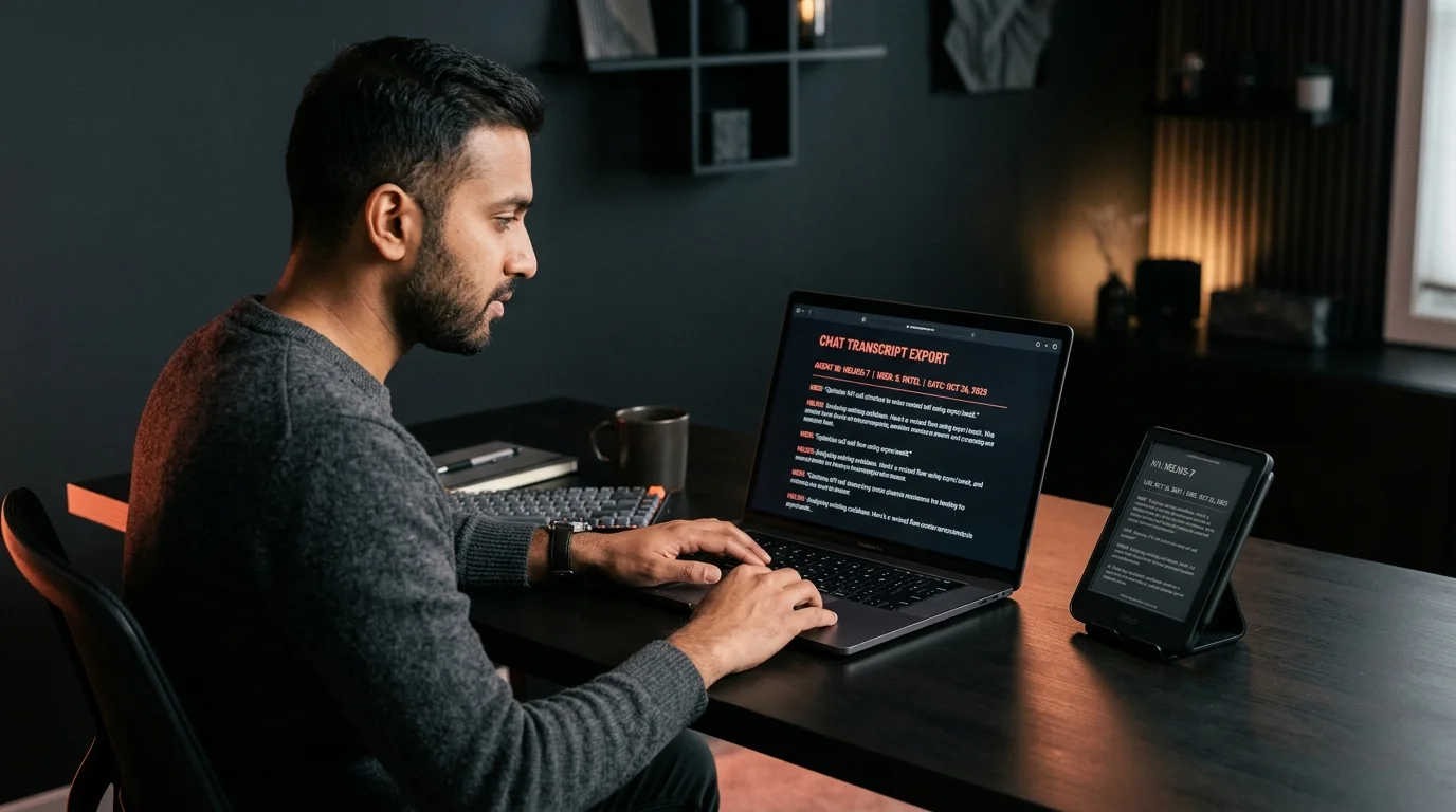 A South Asian software engineer at a dark wooden desk reviewing a Replit Agent transcript in a dark-mode markdown reader with warm coral accents, mobile device beside the laptop showing the same document.