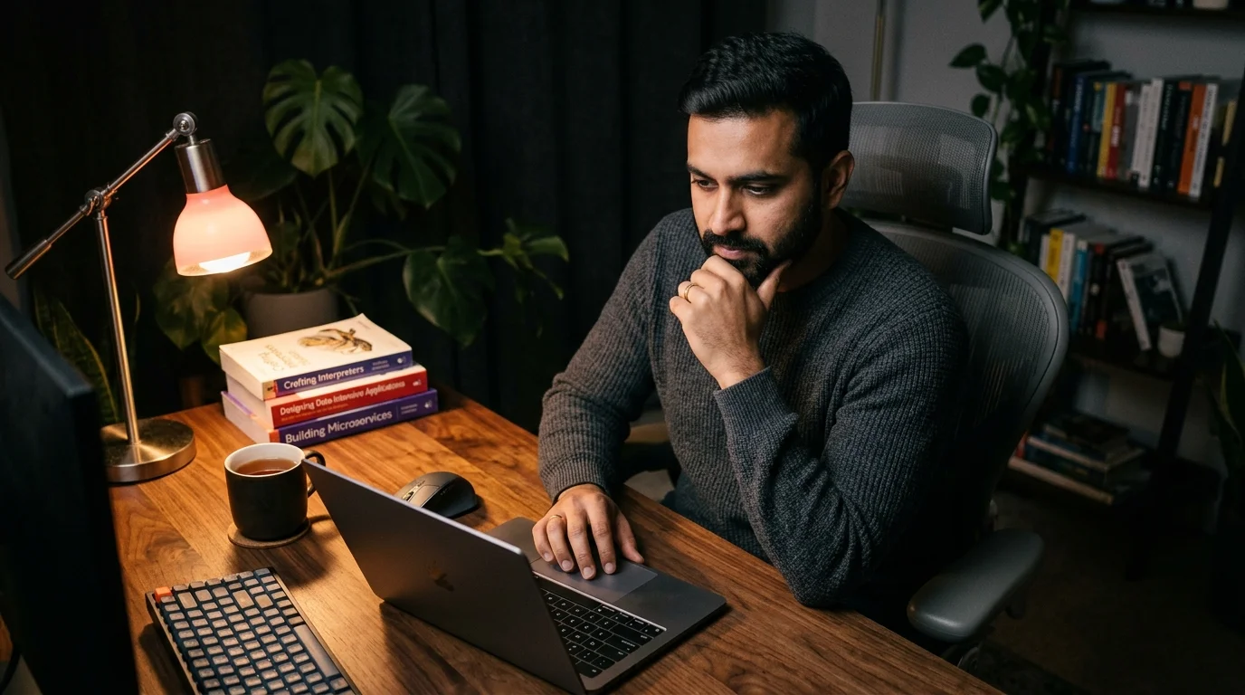 A South Asian software engineer at a dark walnut desk reviewing an exported Sourcegraph Cody chat transcript rendered as clean markdown on a 14-inch laptop, warm coral desk lamp lighting, editorial photography style.