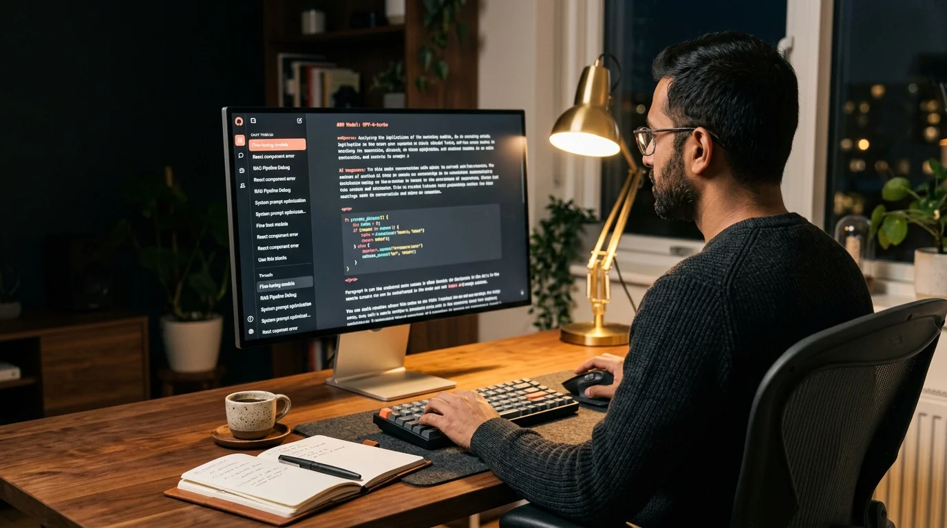 A South Asian software engineer at a warm-lit walnut desk reading a long AI conversation as a clean markdown document on a large matte display with coral accent typography.