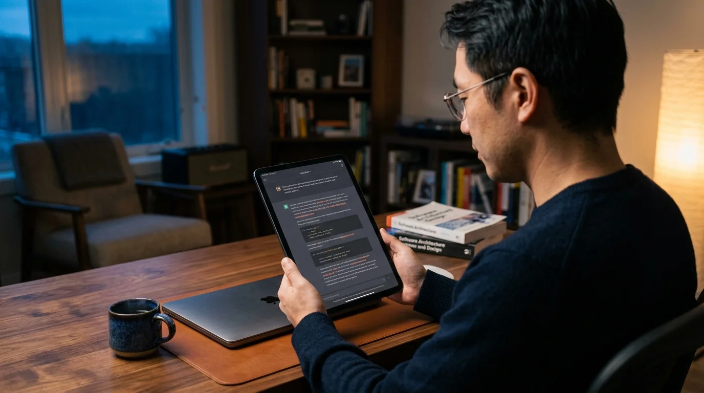 A 30s East Asian developer at a warm walnut desk in a dimly lit home office at dusk, reading a long AI coding conversation on a matte black tablet, warm coral accent underlines glowing on the dark screen.