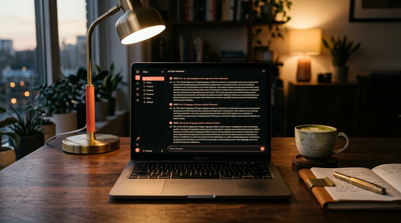 Editorial still life of a 14 inch laptop at a dark walnut desk showing a long AI chat transcript in warm serif typography with coral accent highlights, lit by a warm coral desk lamp.