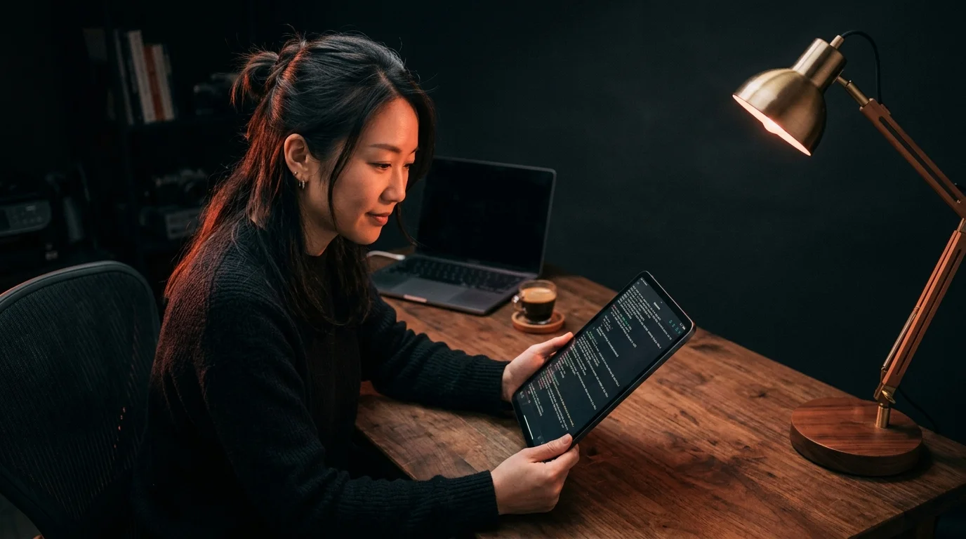 A 30s East Asian woman developer at a walnut desk reading a long AI terminal conversation on a matte tablet, warm coral lamp glow against a deep charcoal background.