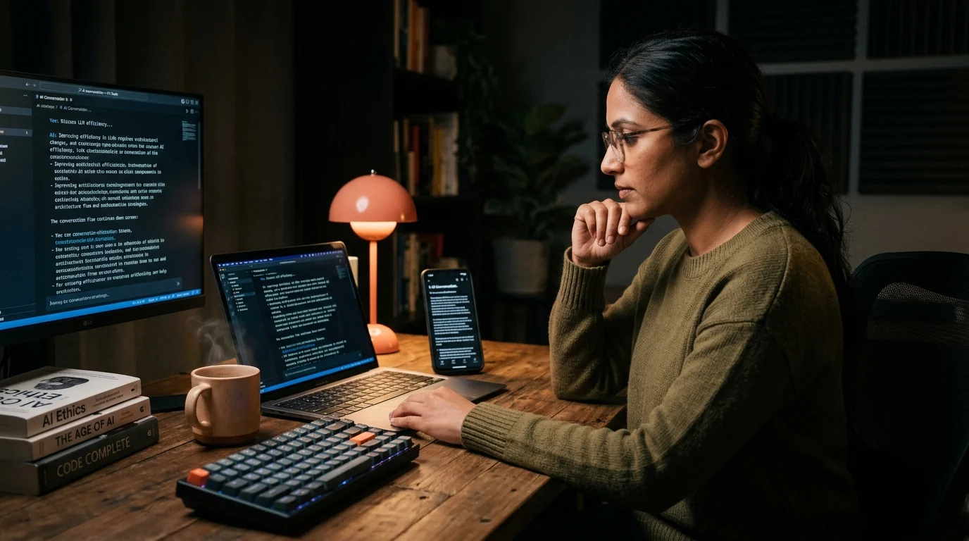 A 30s South Asian woman software engineer at a warm wooden desk in a dim home office, reading a long You.com AI conversation on a matte laptop with a phone showing the same content in a clean markdown reader, warm coral lamp light against a near-black background.