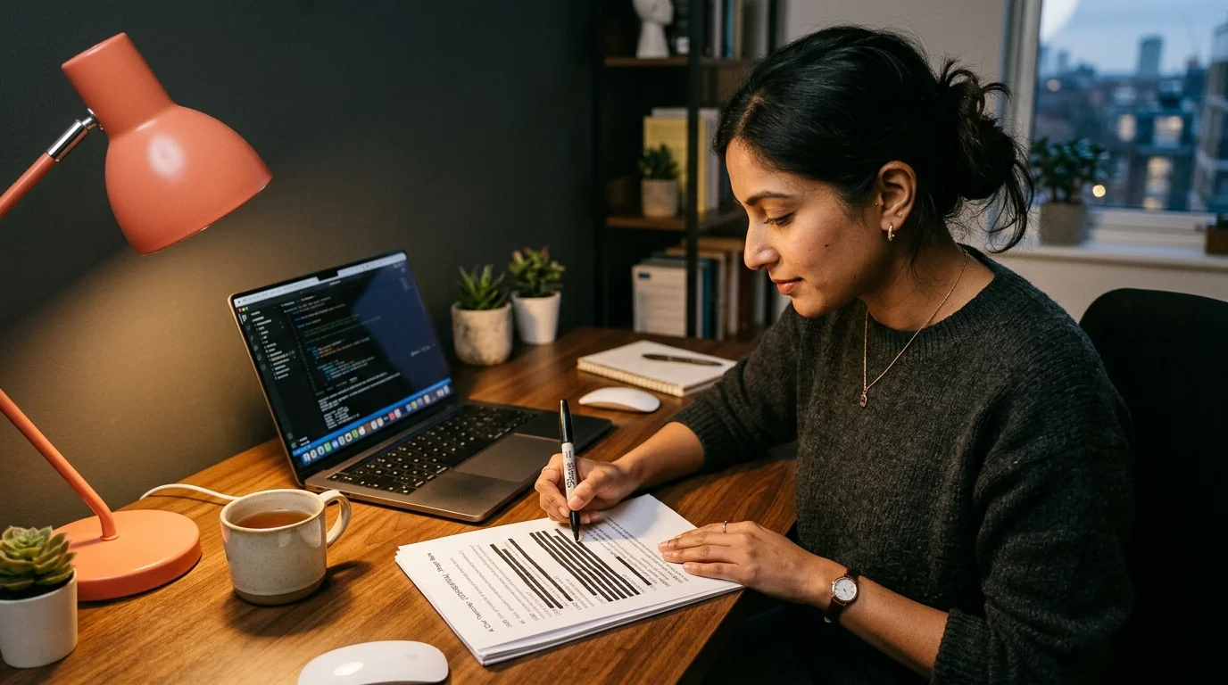 A 30s South Asian woman software engineer at a warm-lit desk carefully reviewing a printed AI chat transcript with a black redaction marker, black bars covering some lines, coral desk lamp glow against dark oak surface.