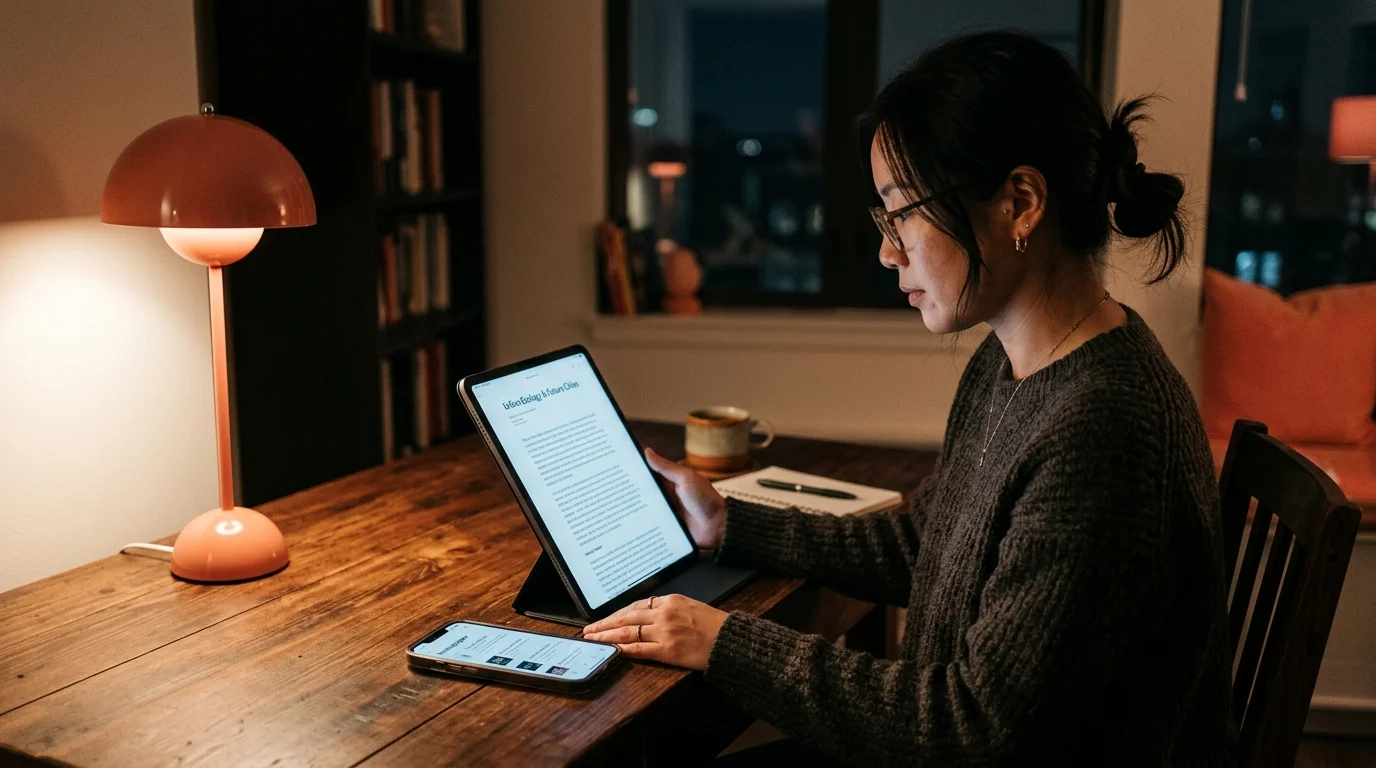 A woman reading a long-form AI conversation on a tablet beside a smartphone showing a saved-for-later reading queue, warm coral desk lamp on dark wood, Monocle magazine editorial lighting.