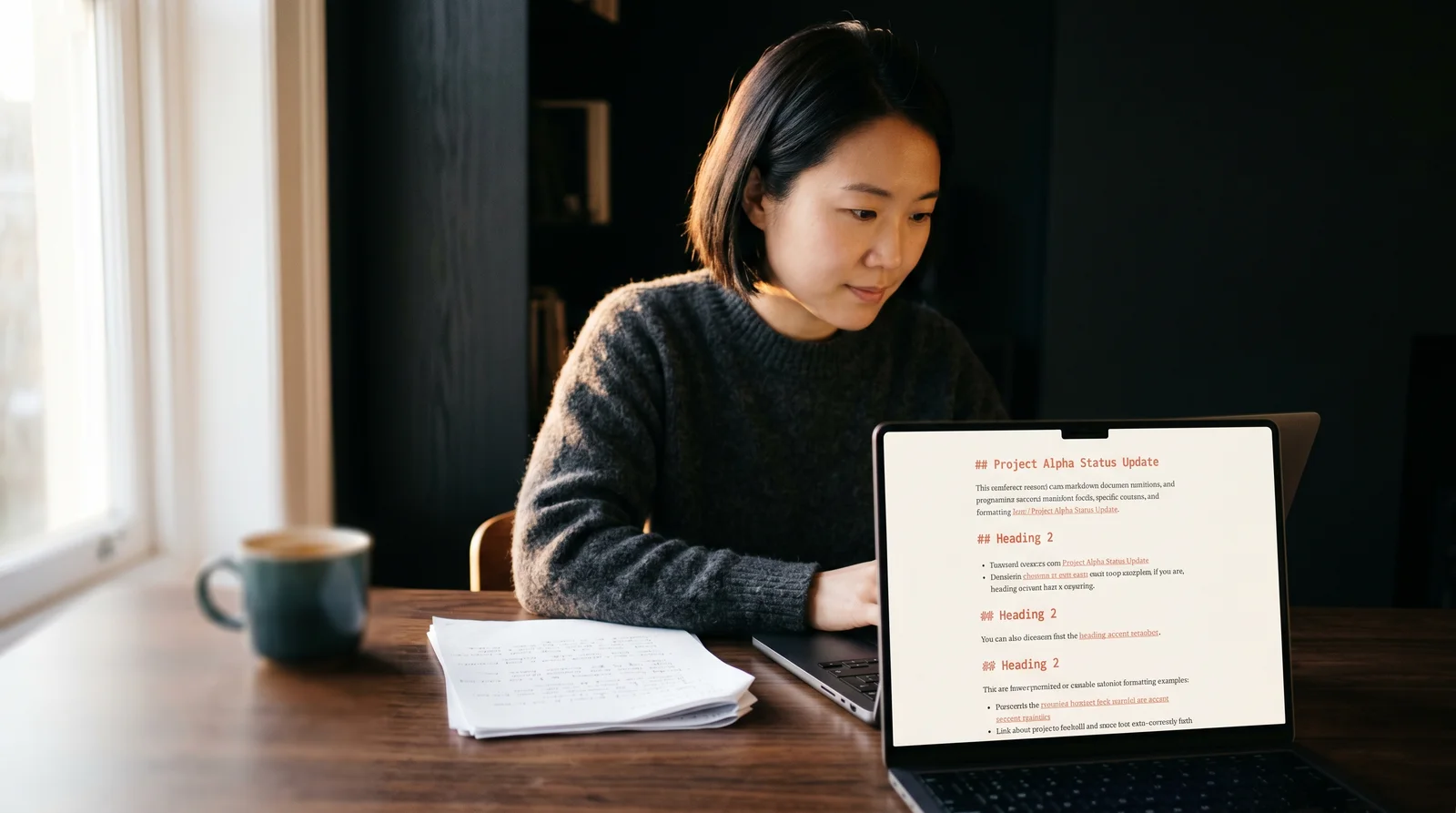 A woman in a charcoal wool sweater reading a rendered markdown document on a laptop at a dark walnut desk in warm morning light, with a stack of printed transcripts and a ceramic mug of black coffee beside her.