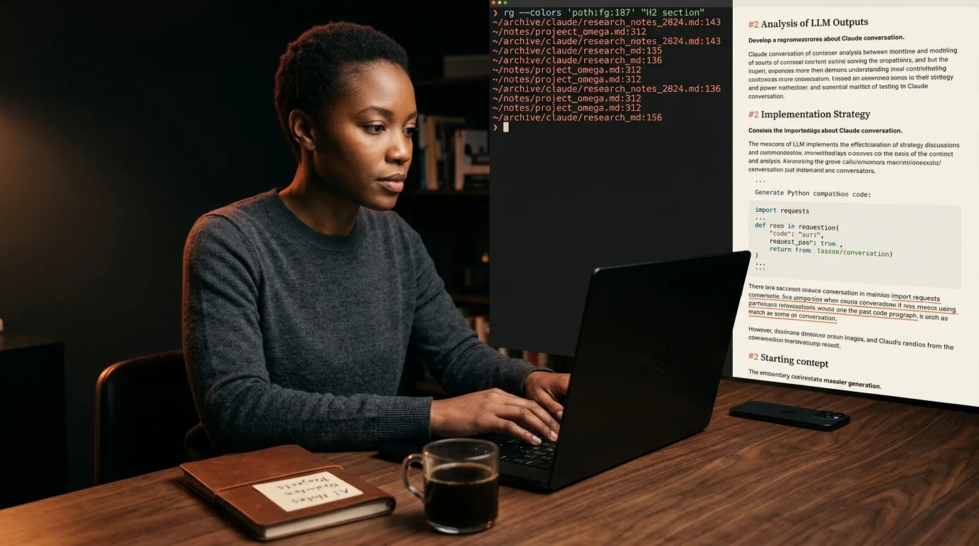 A 30s Black woman researcher with closely cropped natural hair in a charcoal merino crewneck sweater at a dark walnut desk searching across a personal archive of AI conversations on a 16 inch matte-black laptop, the screen showing a split layout with a left-hand terminal pane running a ripgrep query and a column of matching file paths in warm coral and a right-hand rendered markdown reader column displaying a long Claude conversation with H2 section headings in warm cream serif type, a fenced Python code block with syntax highlighting, and one matched paragraph subtly highlighted with a coral underline, a small folded leather notebook with handwritten tags and a ceramic mug of black coffee beside her, a closed iPhone face down on the desk, lit by warm tungsten side light and a soft coral rim glow against a near-black background.