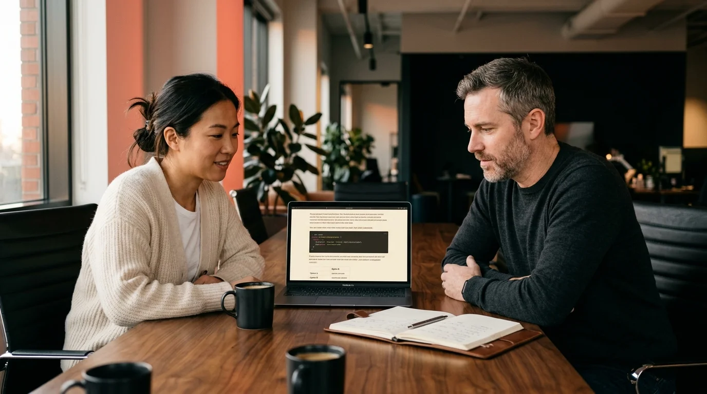 A 30s East Asian woman and a 40s white man at a walnut conference table looking at a laptop displaying a rendered markdown document with code blocks and a comparison table, in warm afternoon window light at a quiet office, with two ceramic mugs and an open notebook between them.