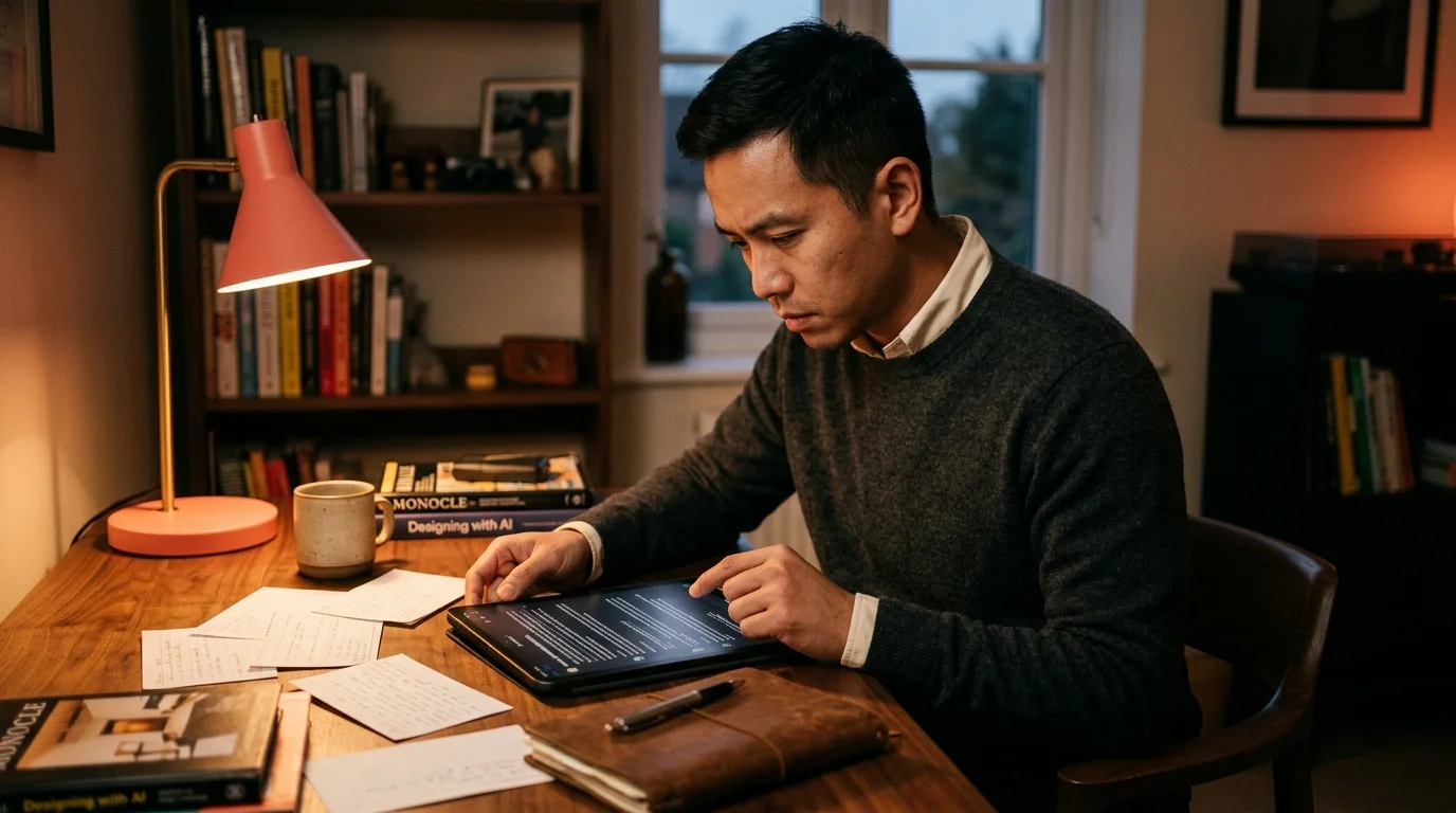 A 30s Southeast Asian man in a charcoal merino sweater scanning a long AI conversation on a matte tablet, one finger tracing down the screen as a pointer, at a walnut writing desk in a warm dim home office at dusk, a coral-shaded brass desk lamp glowing beside scattered index cards, editorial Monocle magazine style.
