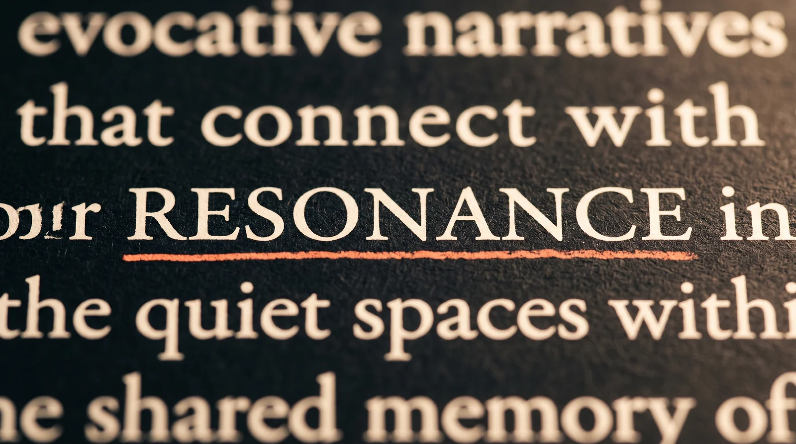 Extreme close-up of warm cream serif typography on near-black paper, with the word "RESONANCE" in sharp focus and a coral underline beneath it.