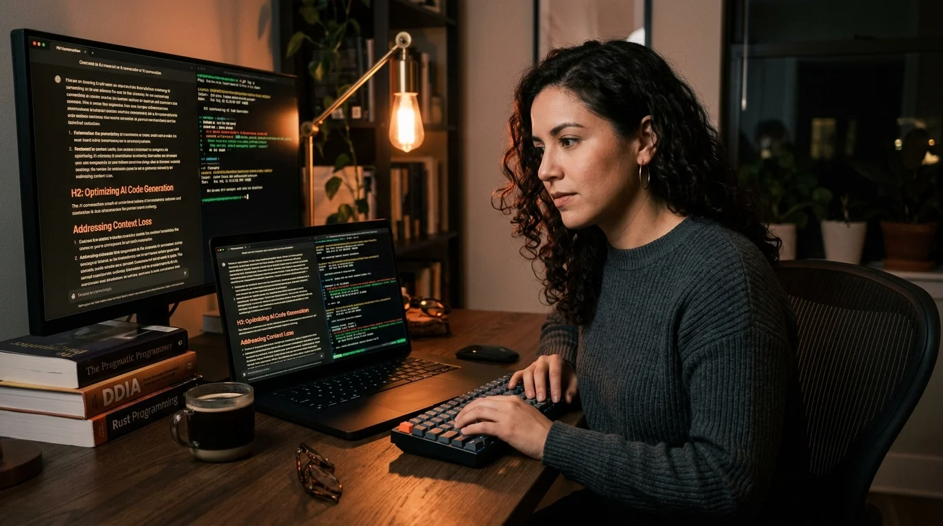 A 30s Latina software engineer with shoulder length dark curly hair, wearing a charcoal ribbed sweater and thin gold hoop earrings, seated at a dark oak desk in a dim modern home office at night, leaning slightly forward toward a matte black 14 inch laptop showing a split screen: the left half rendering a long AI conversation as clean editorial markdown with warm cream serif body text on near black background and two coral H2 headings, the right half showing a terminal with green git log output and a colored diff of the same conversation file, a small mechanical keyboard and a ceramic mug of black coffee beside the laptop, warm tungsten side light from a brass swing arm lamp with a soft coral rim glow along the laptop bezel, editorial magazine style.